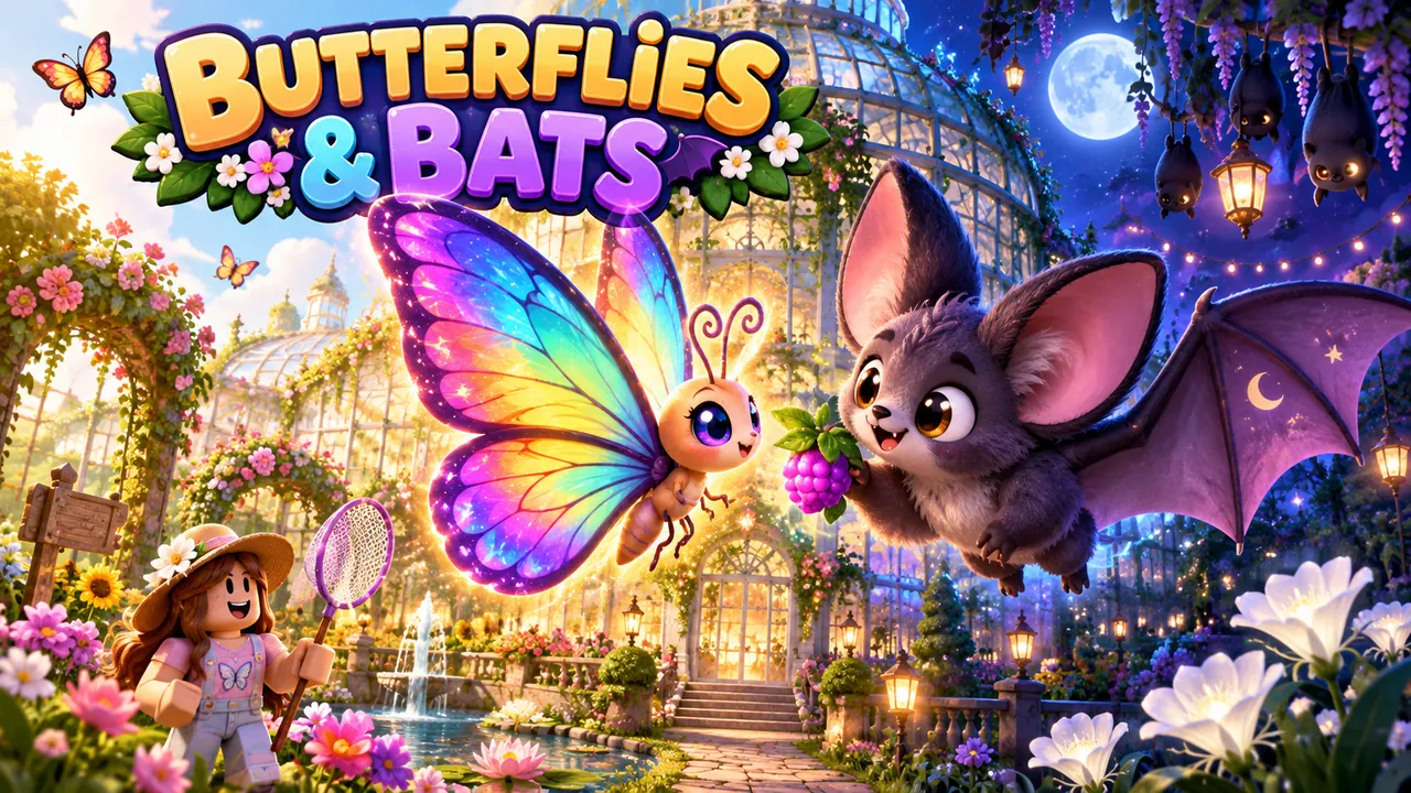 Butterflies & Bats key art with the game logo: a rainbow butterfly meets a bat holding berries in front of a glass conservatory, half in daylight and half under the moon.